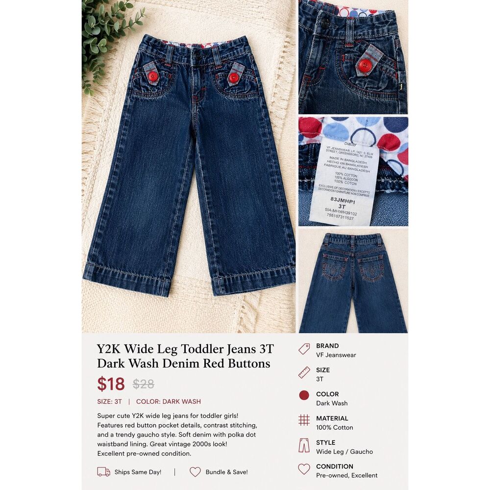 Y2K Wide Leg Toddler Jeans 3T Dark Wash Denim Red Button Pocket Boho